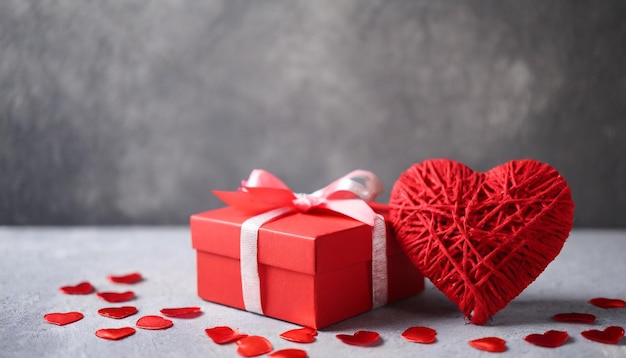 Feliz concepto de día de San Valentín con caja de regalo roja y fondo en forma de corazón escena de San Valentine con un r