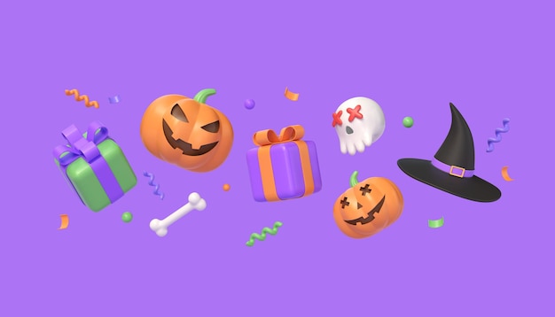 Feliz concepto de Halloween caja de regalo de personaje de calabaza sombrero de bruja cráneo en fondo púrpura renderización 3D