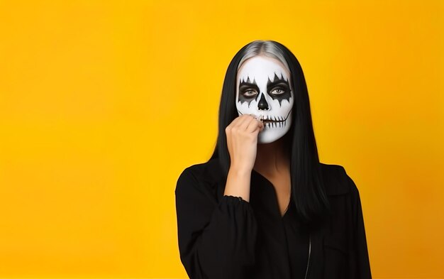 Feliz concepto de Halloween Mujer horrible asustada sobre fondo amarillo AI Generativa AI