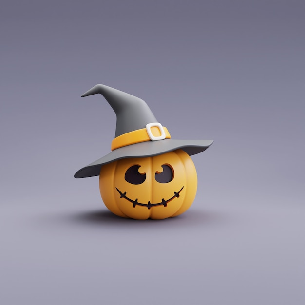 Feliz concepto de Halloween, personaje de calabaza con sombrero de bruja sobre fondo gris. Representación 3D.