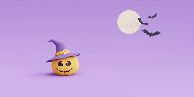 Feliz concepto de Halloween, personaje de calabazas con sombrero de bruja bajo la luz de la luna. sobre fondo morado Representación 3D.