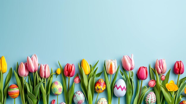 Feliz concepto de Pascua frontera hecha de tulipanes flores de primavera y coloridos huevos de Pascua fondo azul