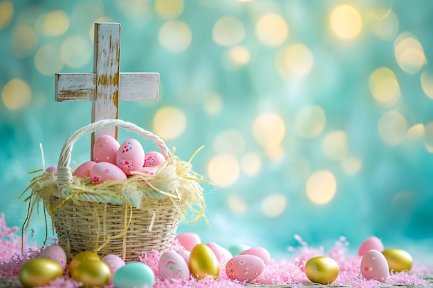 Foto feliz concepto de pascua con jesucristo cruz y flor de primavera telón de fondo de pascua