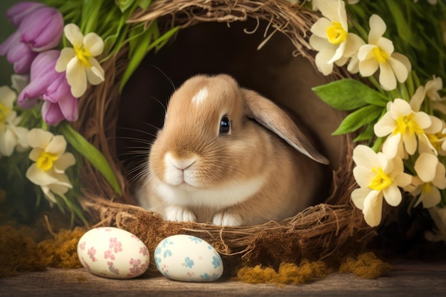 Feliz concepto de pascua Lindo conejito en nido con huevos de pascua pintados y fondo festivo de vacaciones de flores