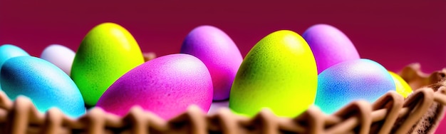 Feliz concepto de Pascua Preparándose para las vacaciones Coloridos huevos de Pascua Fondo con pancarta de huevos de Pascua en colores pastel