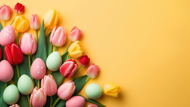 Feliz concepto de vacaciones de pascua con tulipanes y huevos decorativos