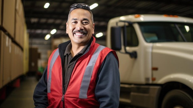 Feliz conductor de camión sonriente creado con tecnología de IA generativa