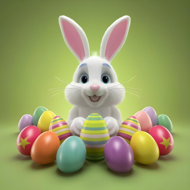 Feliz conejo de Pascua con coloridos huevos de Pascua