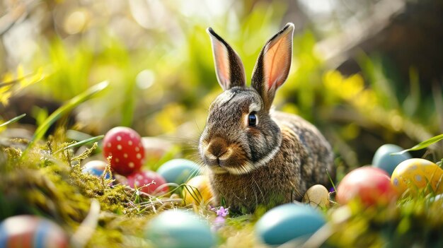 Foto feliz conejo de pascua con muchos huevos de pascua coloridos