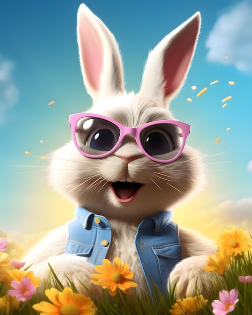 Un feliz conejo de Pascua sonriente y colorido con gafas de sol