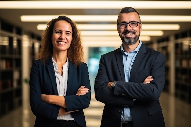 Foto feliz y confiado equipo de negocios dos colegas latinos y afroamericanos de pie en el cargo