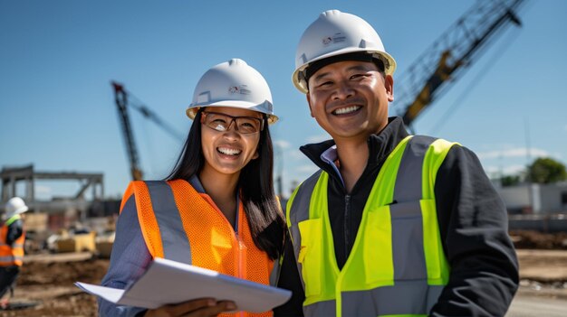 Feliz, confiado, joven, atractivo, ingeniero árabe con casco y ropa de protección en la oficina.