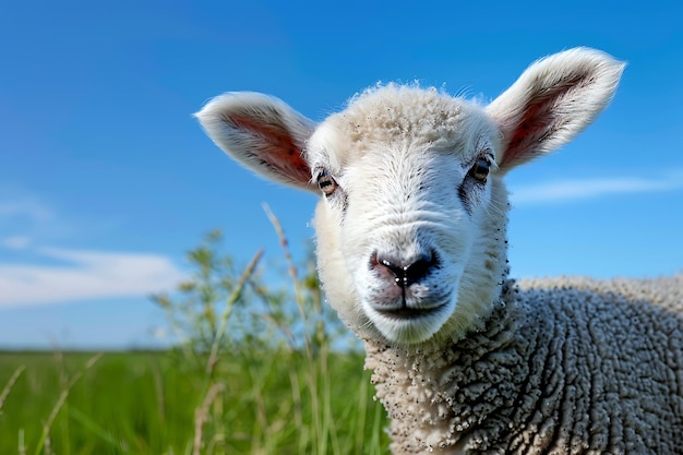 Foto feliz cordeiro pequeno rosto de ovelha olhando franco e bonito
