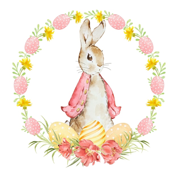 Feliz coroa de Páscoa com aquarela bonita Páscoa Peter ovos de coelho flores de primavera em cores pastel