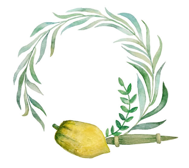 Foto feliz coroa floral de sucot isolada no cartão de saudação judaico branco com etrog lulav arava hadas ilustração em aquarela desenhada à mão