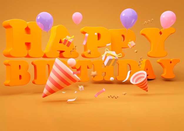 Feliz cumpleaños en 3D con letras de colores amarillos con globos y popper con confeti sobre fondo beige