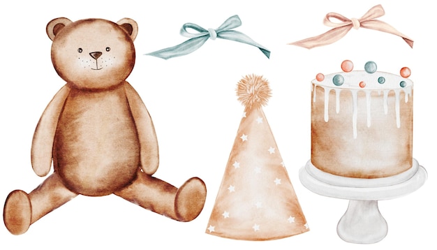 Feliz cumpleaños acuarela conjunto de elementos festivos dibujados a mano pastel de oso de peluche en soporte gorra y clip de arcos