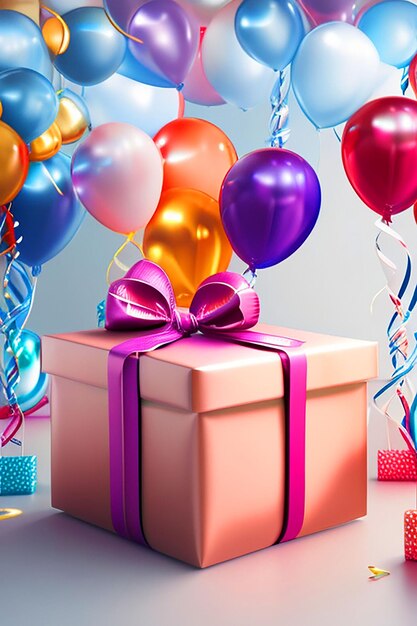 Feliz cumpleaños con caja de regalo 3D realista y balón descarga de imagen de fondo