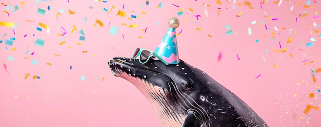 Feliz cumpleaños carnaval víspera de Año Nuevo Sylvester u otra celebración festiva animales divertidos tarjeta estandarte ballena con sombrero de fiesta y gafas de sol en fondo rosa con confeti