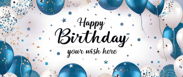 Feliz cumpleaños de fondo con globos azules y blancos guirnaldas y confeti en una ilustración vectorial de fondo claro El texto dice "Feliz cumpleaños su deseo aquí
