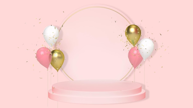 Feliz cumpleaños fondo rosa con globos de lujo y confeti