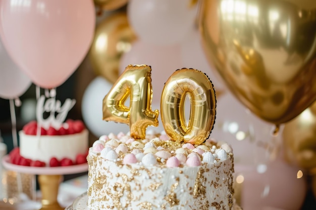 Feliz cumpleaños, globos dorados de helio en un pastel de cumpleaños