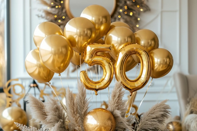 Feliz cumpleaños, globos de helio dorados en un evento de celebración