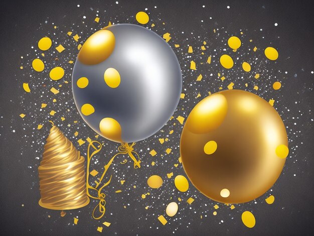 Foto feliz cumpleaños globos de oro y plata con confeti