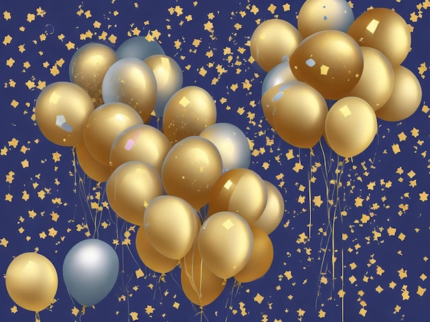 Foto feliz cumpleaños globos de oro y plata con confeti