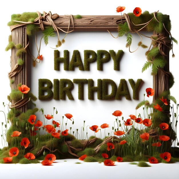 Foto feliz cumpleaños marco delgado hecho de musgo grueso cubierto ramas de madera y hojas
