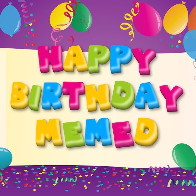 Foto feliz cumpleaños memed gold confetti cute balloon card efecto de texto fotográfico