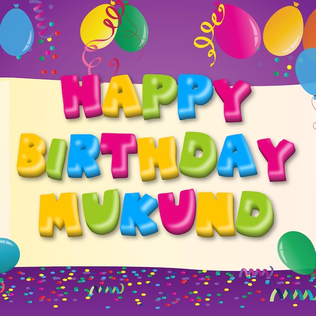 Foto feliz cumpleaños mukund gold confetti cute balloon card efecto de texto fotográfico