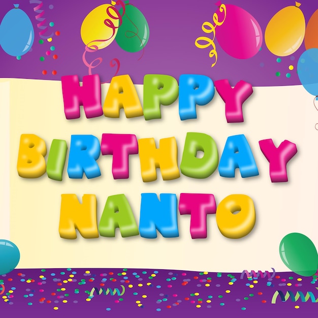 Feliz cumpleaños Nanto Gold Confetti Cute Balloon Card Efecto de texto fotográfico
