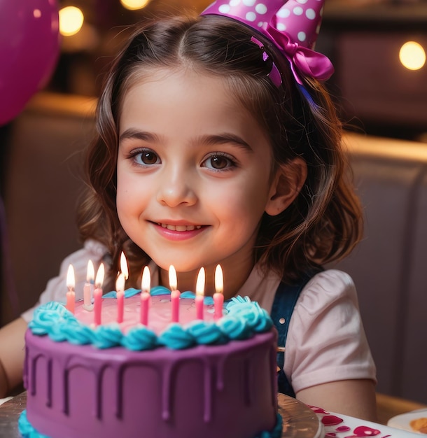 Foto feliz cumpleaños niña emocionada celebrando y divirtiéndose en una fiesta de cumpleaños de niños