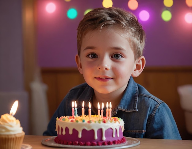 Feliz cumpleaños niño emocionado celebrando y divirtiéndose en una fiesta de cumpleaños infantil