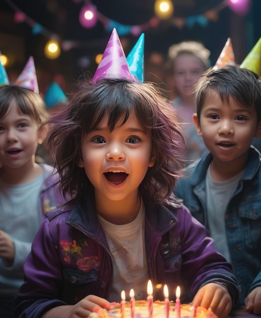 Feliz cumpleaños niño emocionado celebrando y divirtiéndose en una fiesta de cumpleaños infantil