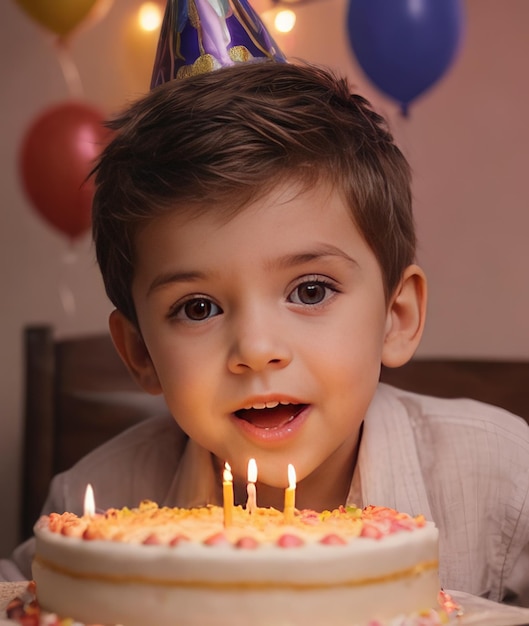 Feliz cumpleaños niño emocionado celebrando y divirtiéndose en una fiesta de cumpleaños infantil