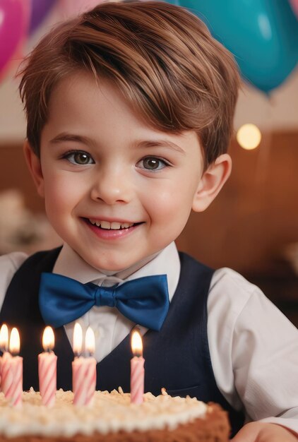 Feliz cumpleaños niño emocionado celebrando y divirtiéndose en una fiesta de cumpleaños infantil