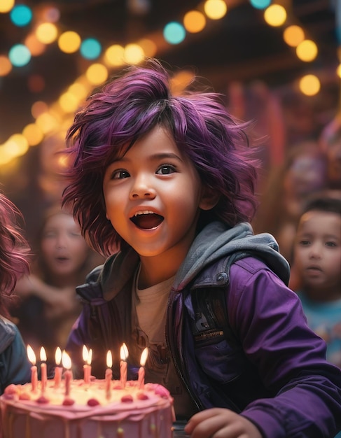 Feliz cumpleaños niño emocionado celebrando y divirtiéndose en una fiesta de cumpleaños infantil