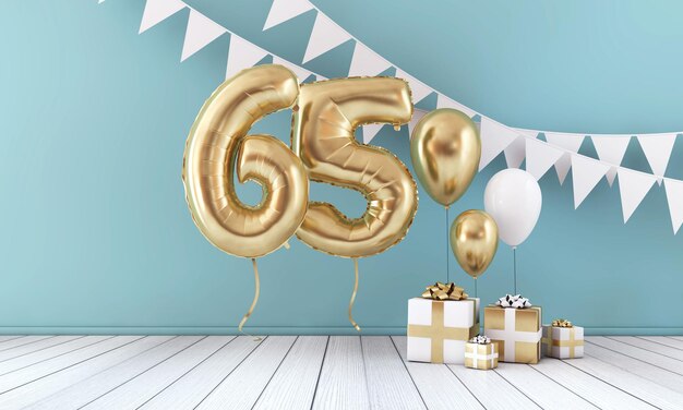 Feliz cumpleaños número 65 fiesta celebración globo empavesado y caja de regalo 3D Render