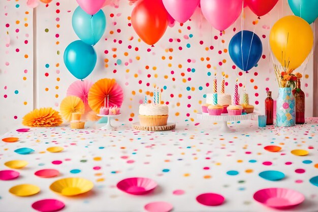 Feliz cumpleaños pastel globos velas y confeti