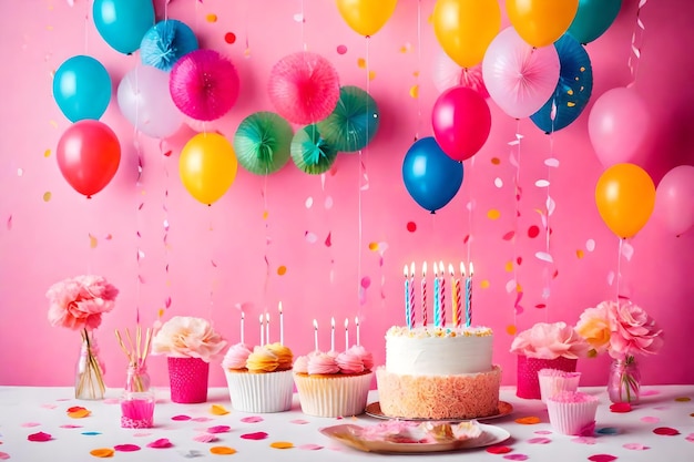 Feliz cumpleaños pastel globos velas y confeti