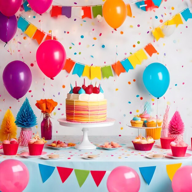 Foto feliz cumpleaños pastel globos velas y confeti