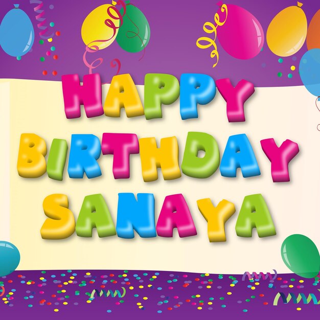 Feliz cumpleaños Sanaya Gold Confetti Cute Balloon Card Efecto de texto fotográfico