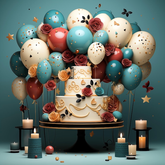 Feliz cumpleaños a usted saludando globos y elementos de confeti en elegante fondo azul