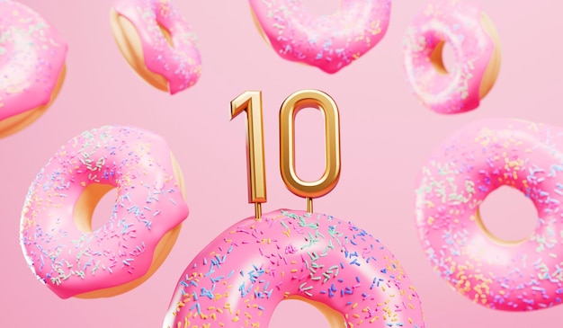 Feliz décimo fondo de celebración de cumpleaños con donuts rosados glaseados 3D Rendering