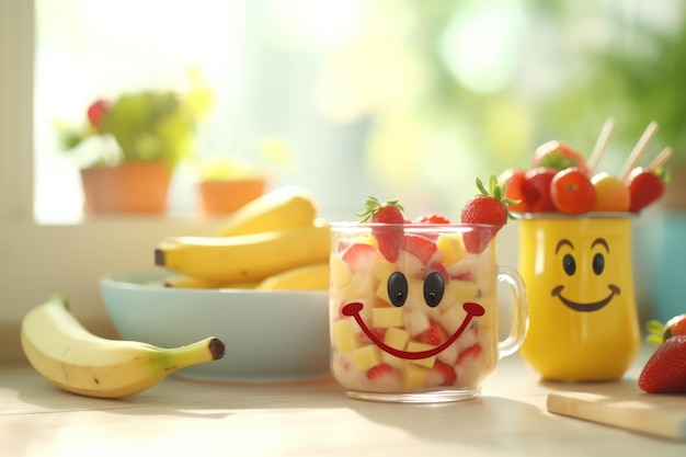 Feliz desayuno saludable para el niño en la mesa de la cocina