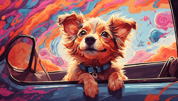 Feliz desenho animado de cachorro fofo com cabeça para fora da janela do carro como divertida ilustração de arte pop gerada por IA