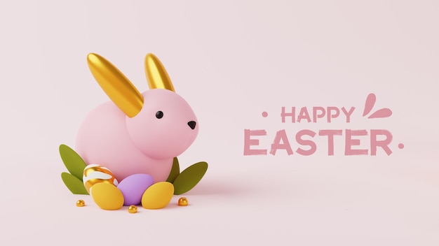 Feliz design de páscoa com elementos 3d realistas coelhinho da páscoa e ovos em um fundo rosa claro