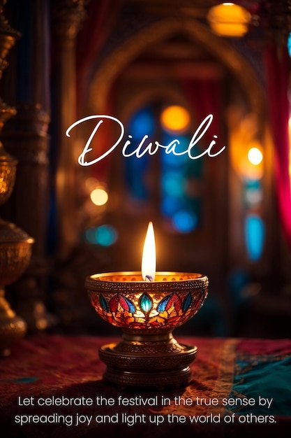 Foto feliz dewali diya lâmpada iluminando um ornamento vibrante pano de fundo de cores e formas